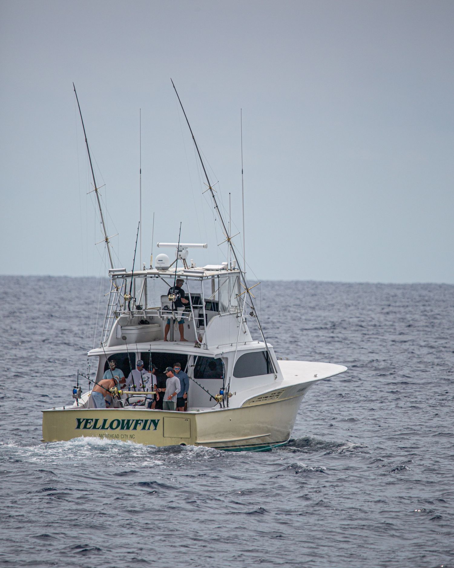 Yellowfin sport fishing boat with tall outriggers and anglers on deck cruising calm blue ocean waters.