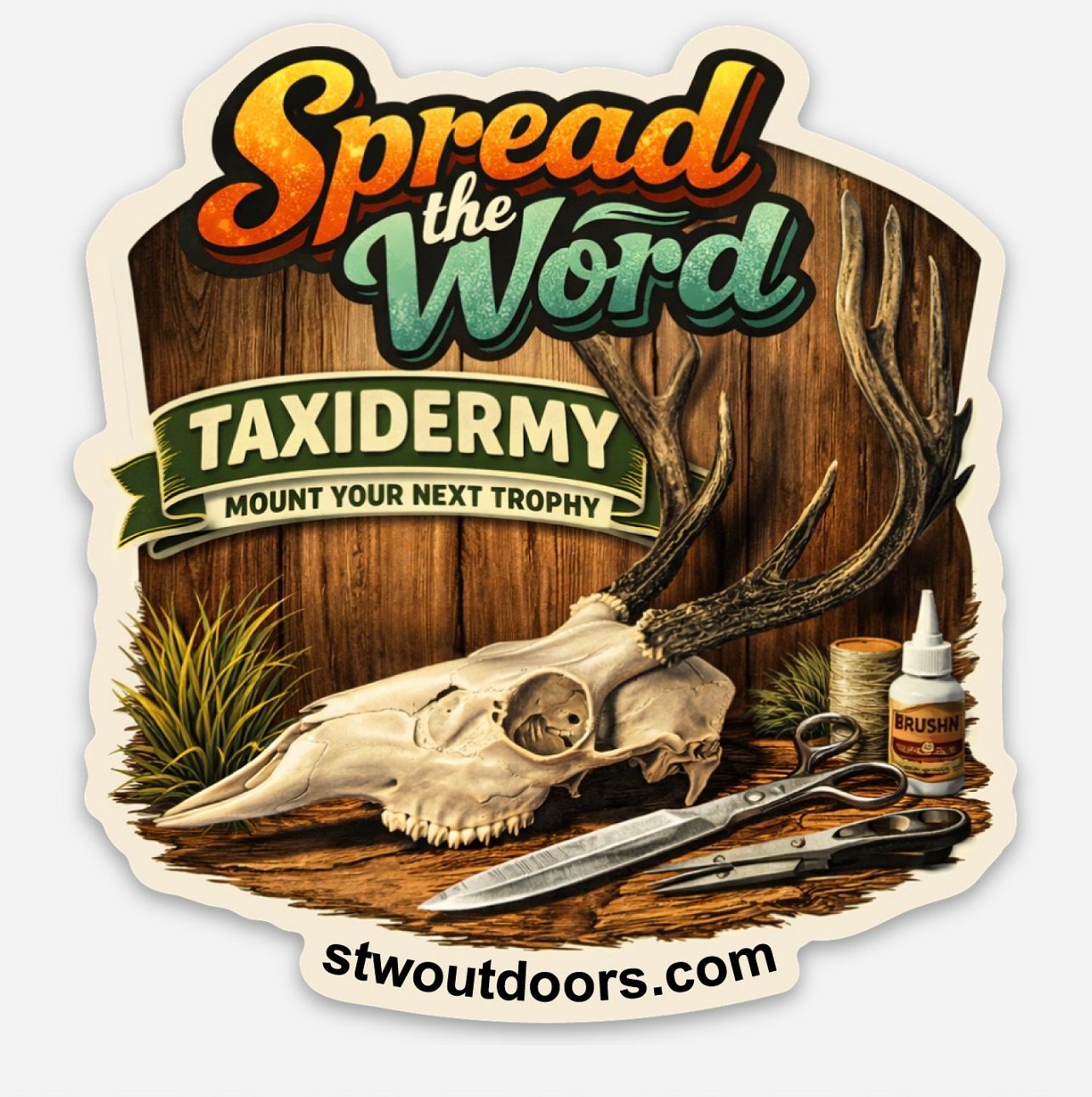 Vintage-style taxidermy logo featuring animal skull, tools, and rustic wood background with 'Spread the Word' text.