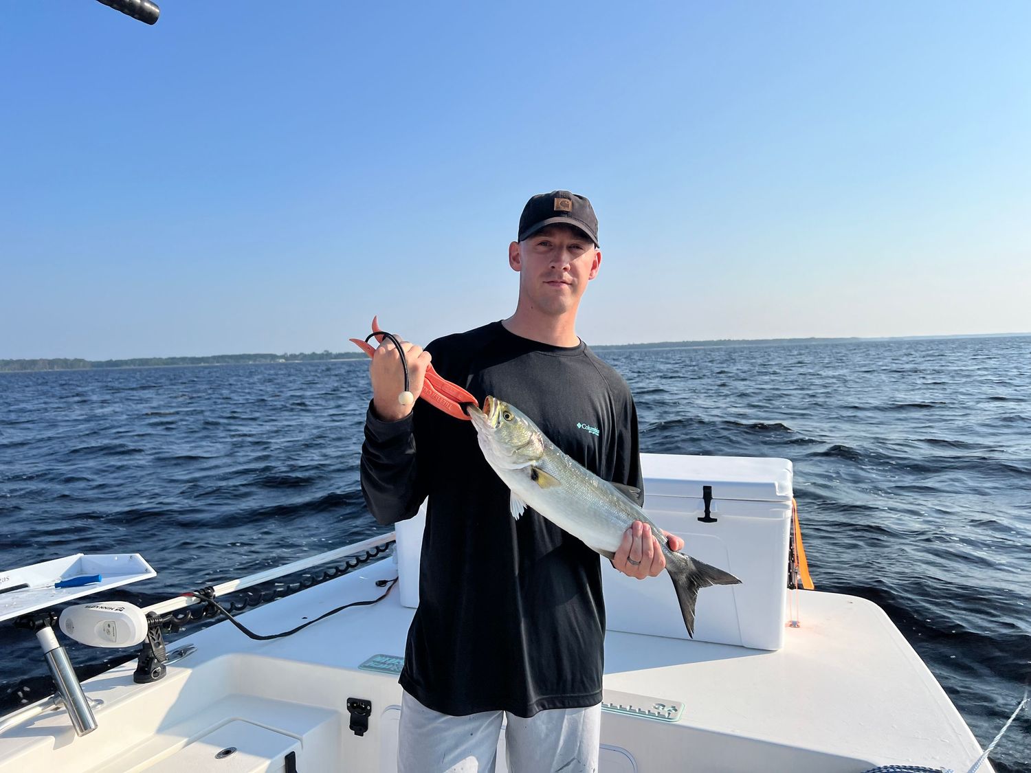 Fishing action shots from a white boat deck during daytime ocean fishing.