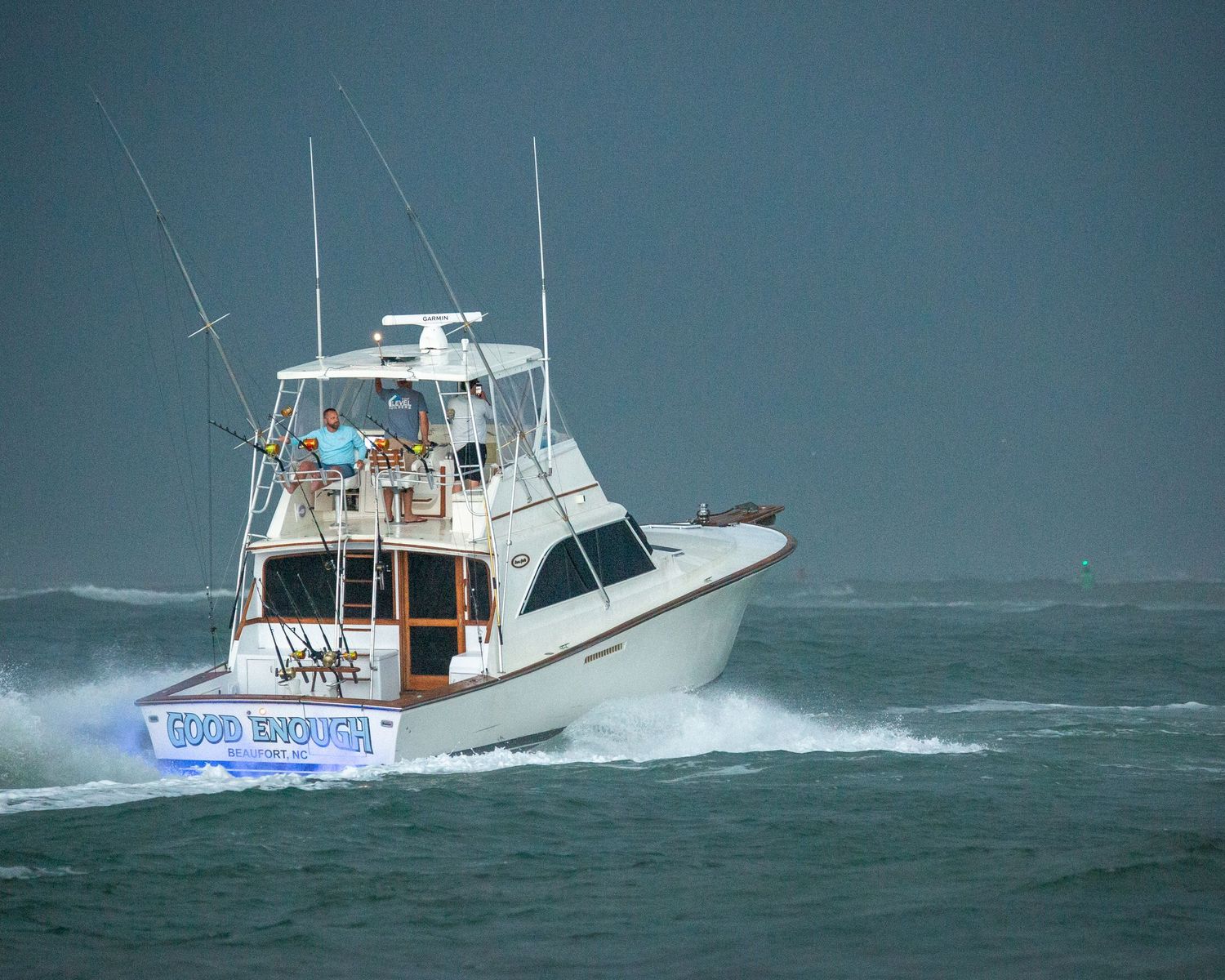 Charter boat named Two Stories battles rough ocean conditions.