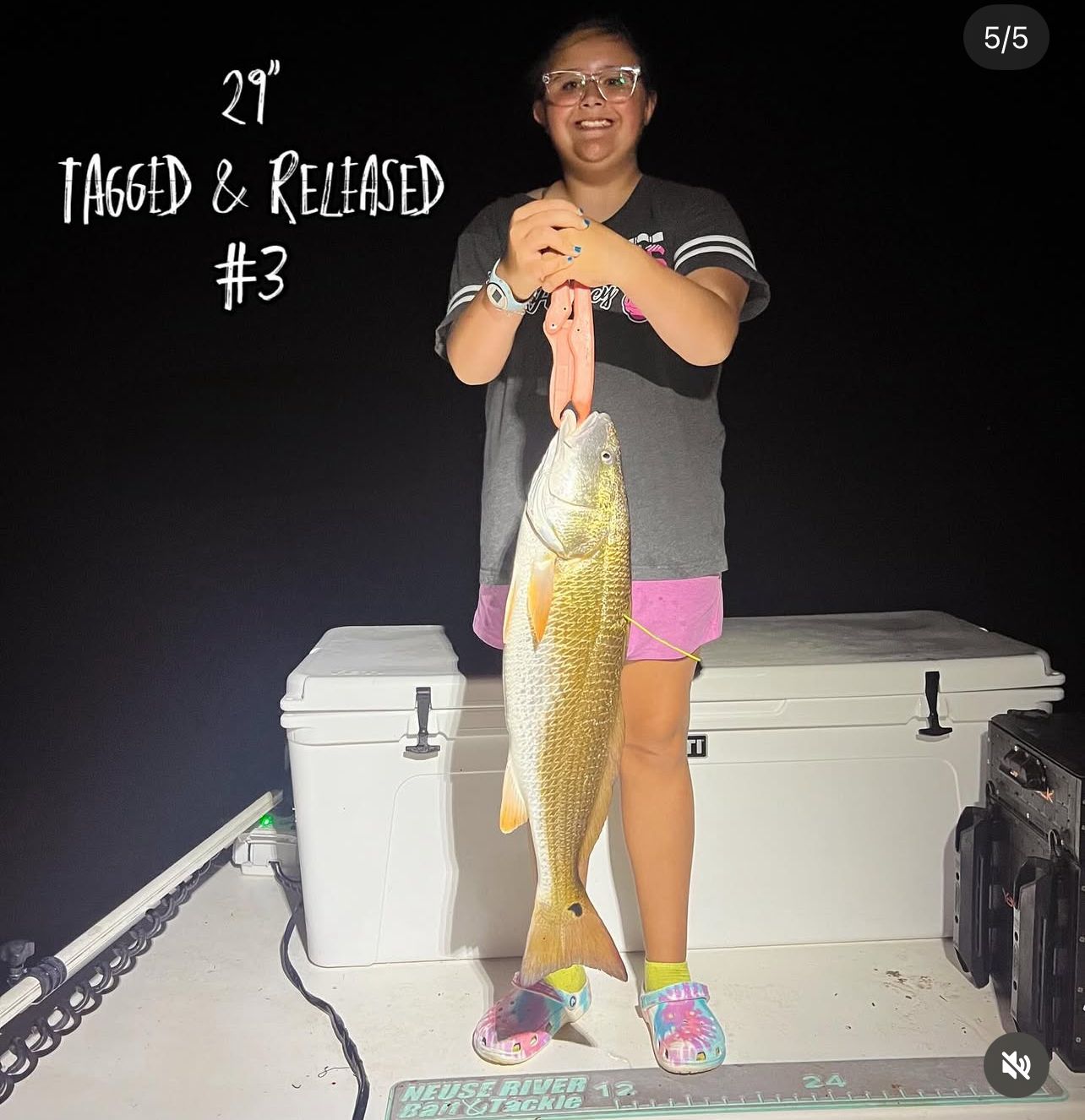 Person holding a large golden carp while standing next to white coolers during a nighttime fishing excursion.