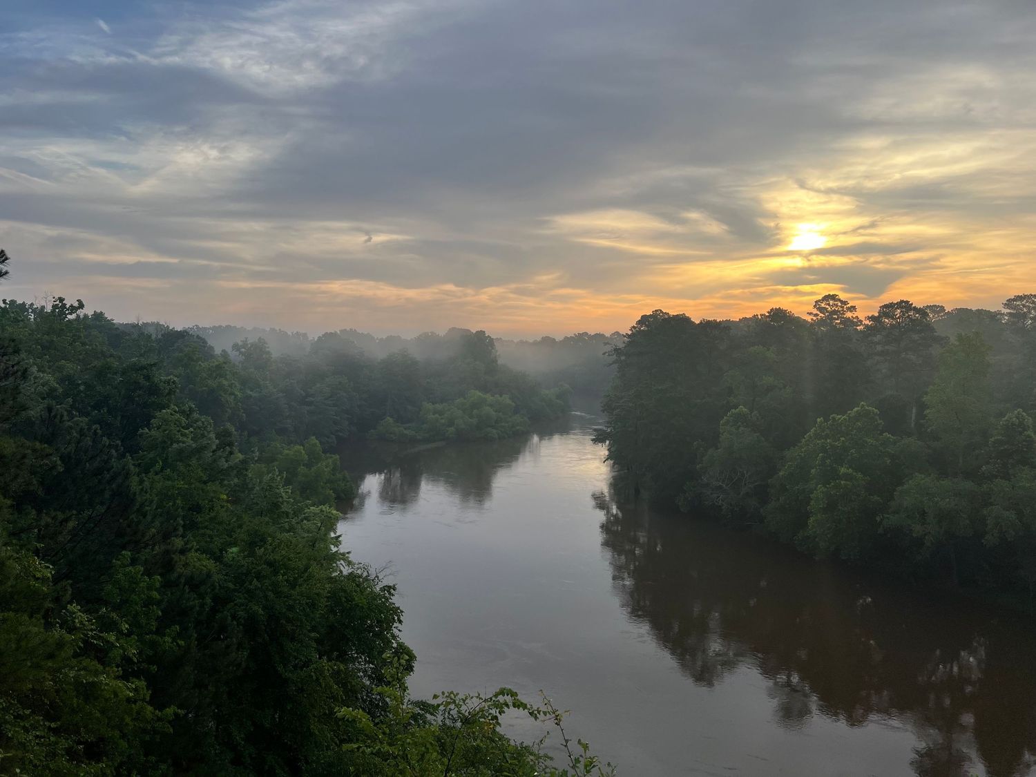 Misty sunrise over a winding river surrounded by dense forest and morning fog.