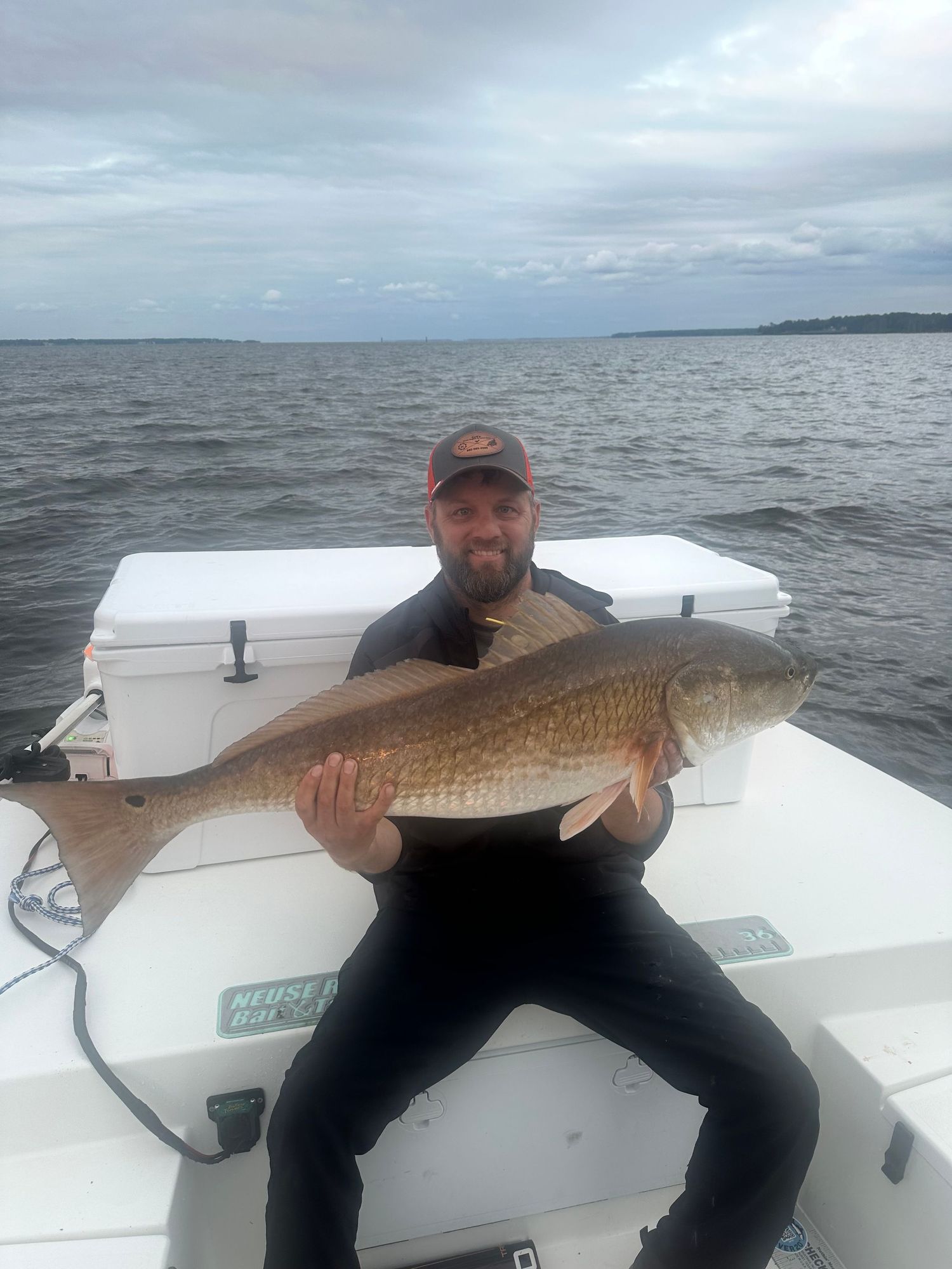 Cloudy weather fishing shots displaying redfish catches on a white vessel.