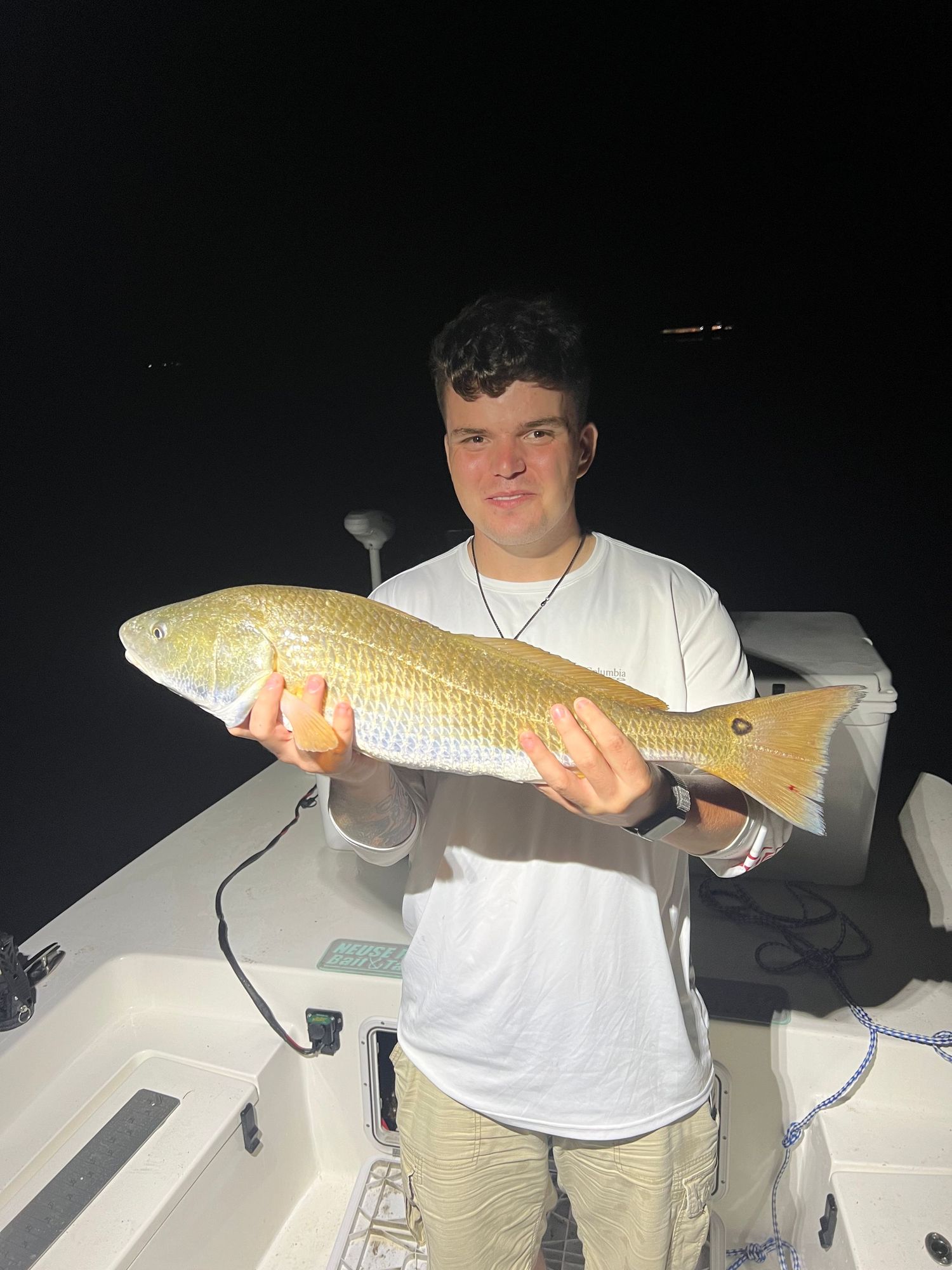 Large golden redfish catch displayed at night on white boat deck.