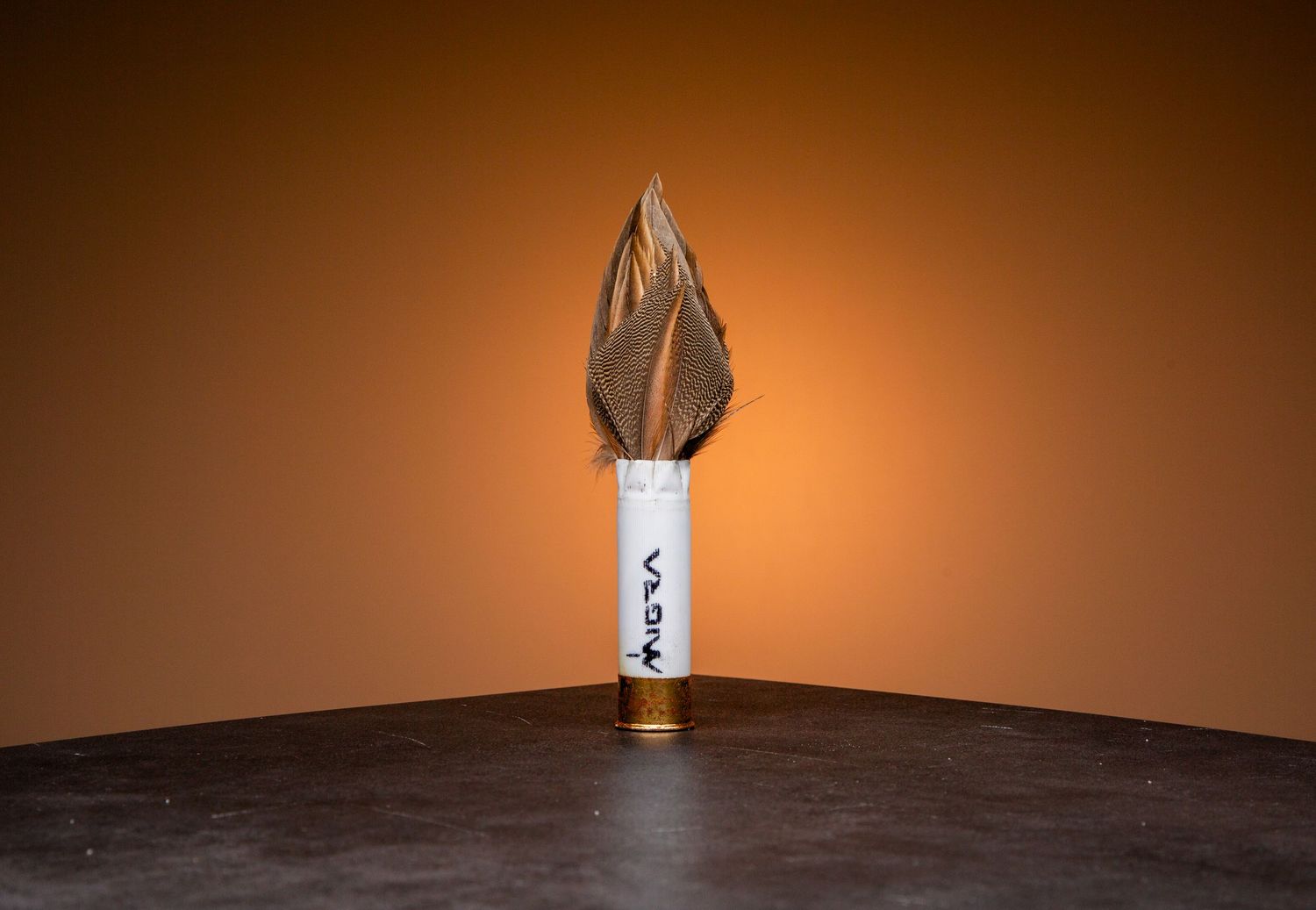 Silver bullet with sharp pointed tip illuminated against orange backdrop.