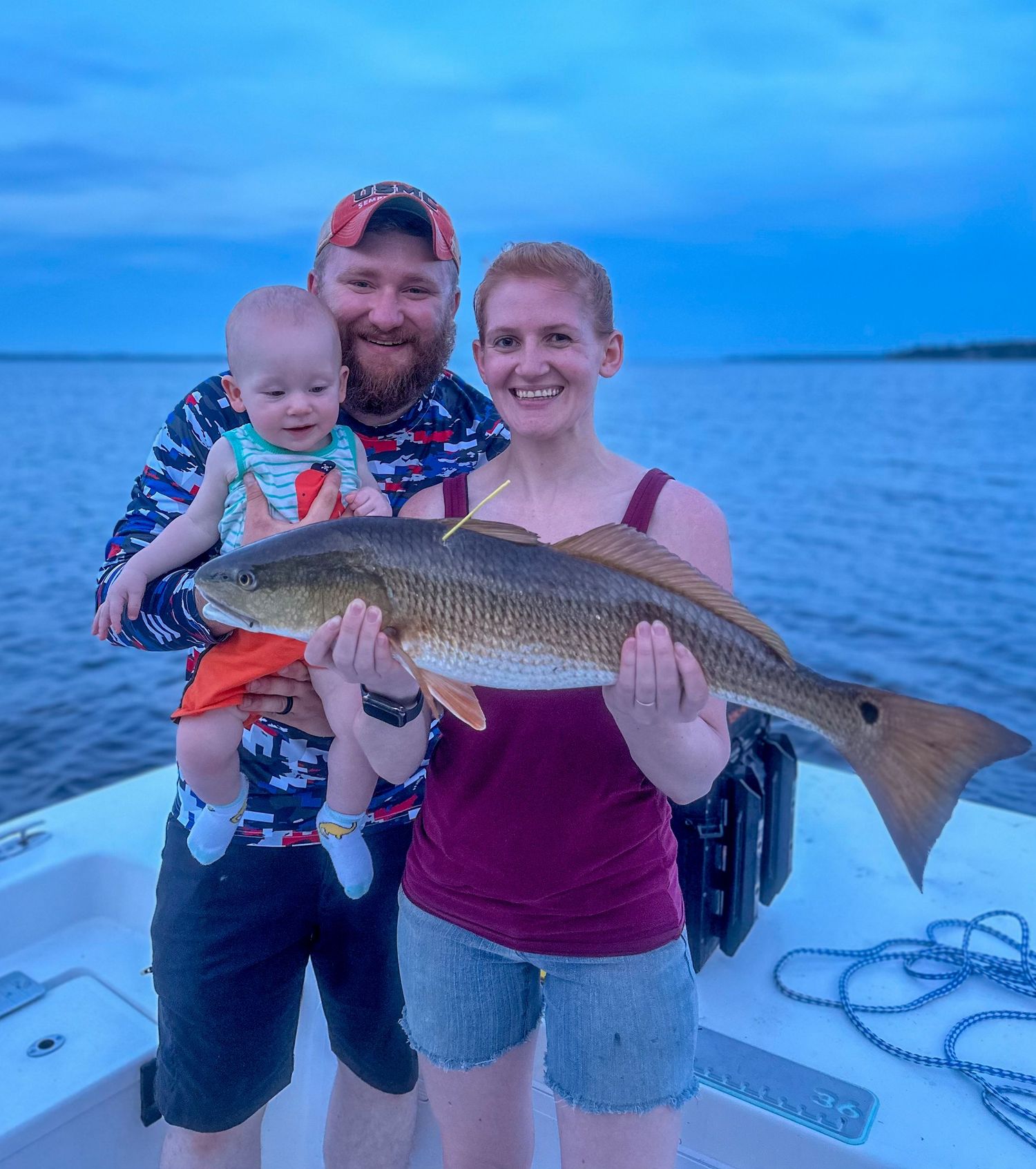Series of fishing photos showing various catches during a blue-sky boat trip.