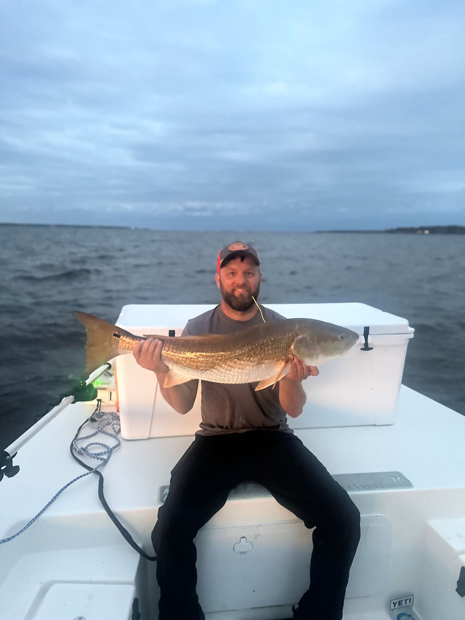 A sequence of photos showing redfish catches against cloudy skies on a boat.