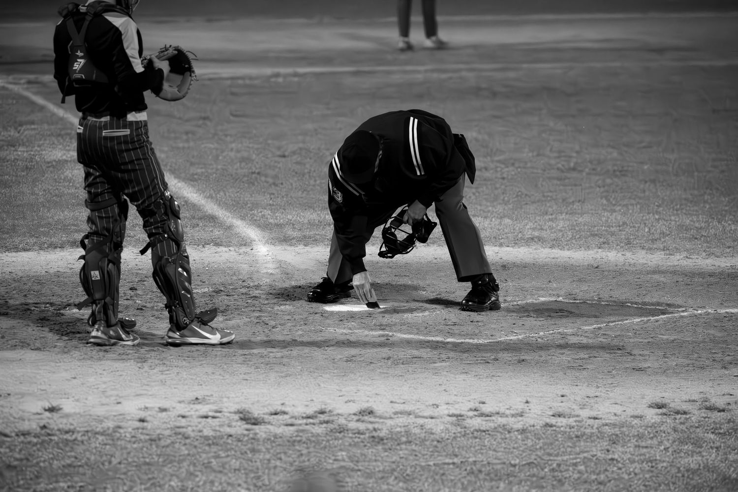 umpire cleaning home plate at Havelock Vasity game