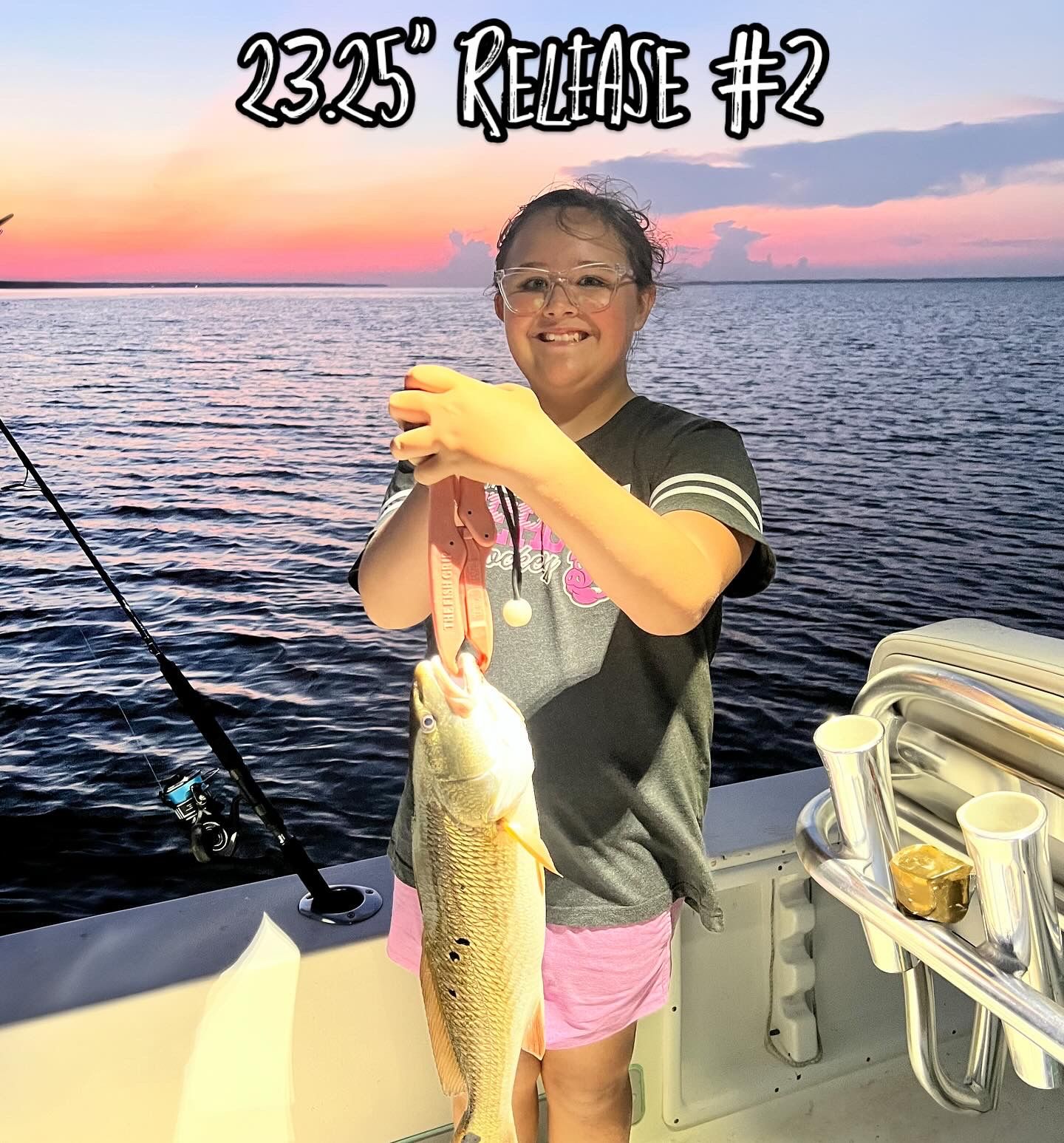 Series of sunset fishing photos showing successful catches during golden hour.