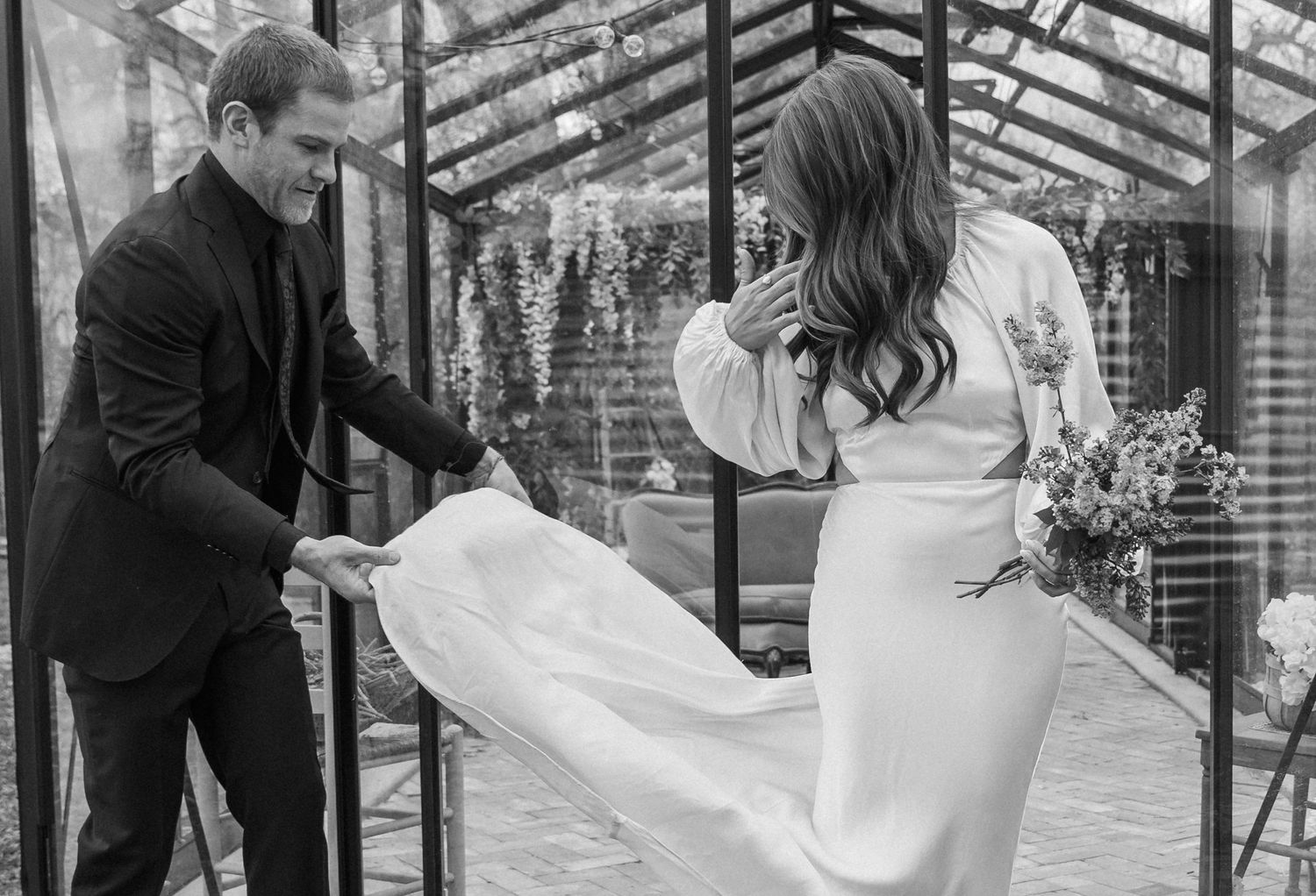 Black and white wedding photo collage showing intimate moments between a couple and their wedding party.