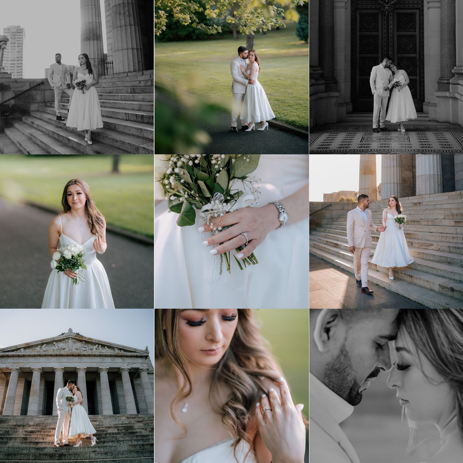 Minimalist wedding photo collage at neoclassical temple featuring bride in short white dress with bouquet.