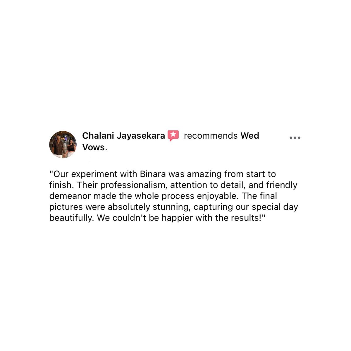 Facebook review from Chalani Jayasekara recommending Wed Vows wedding photography services with five star rating.