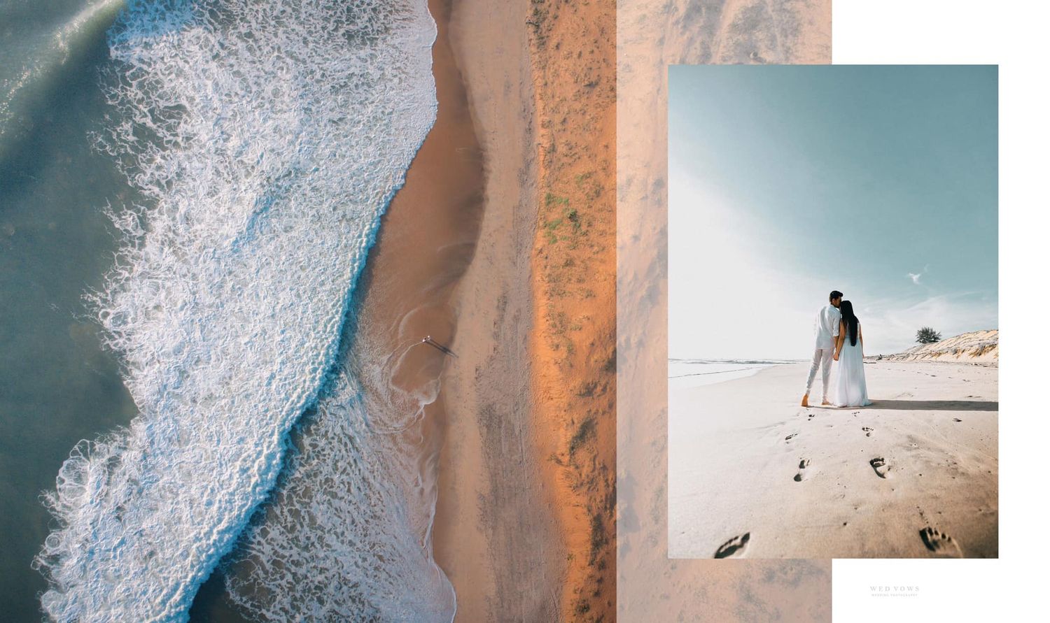 Collage of aerial beach waves and woman in white dress walking on sandy shore.