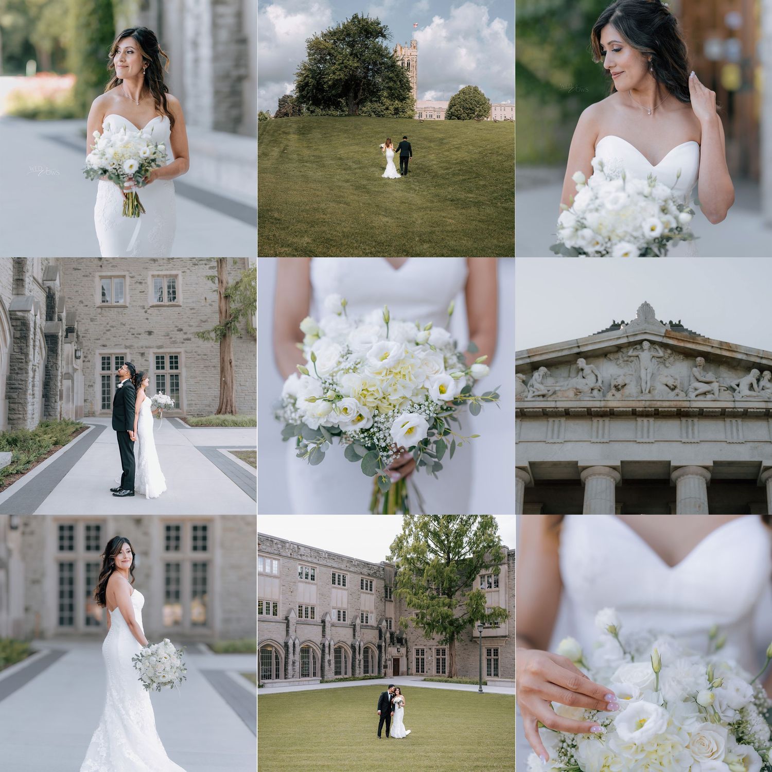 Elegant wedding collage at stone university venue featuring bride in sweetheart gown with white bouquet.