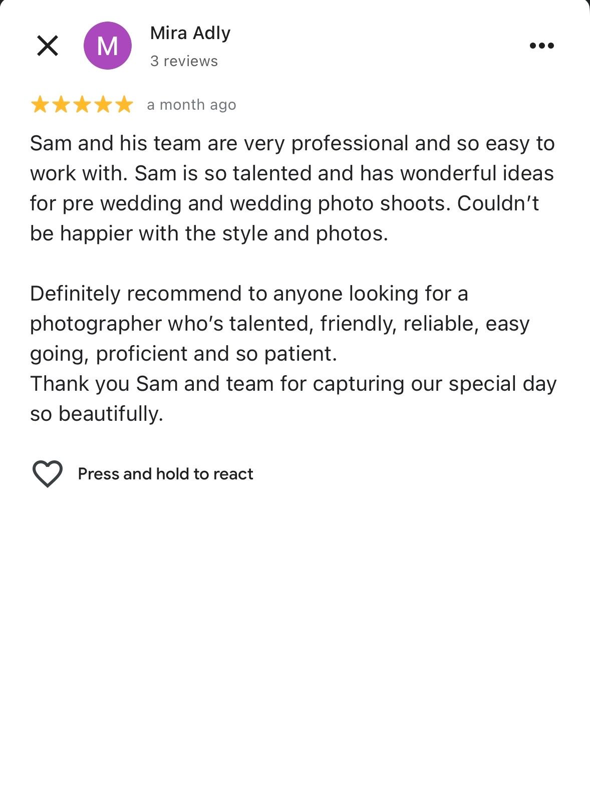 Five-star Google review from Mira Adly recommending Sam and his wedding photography team.