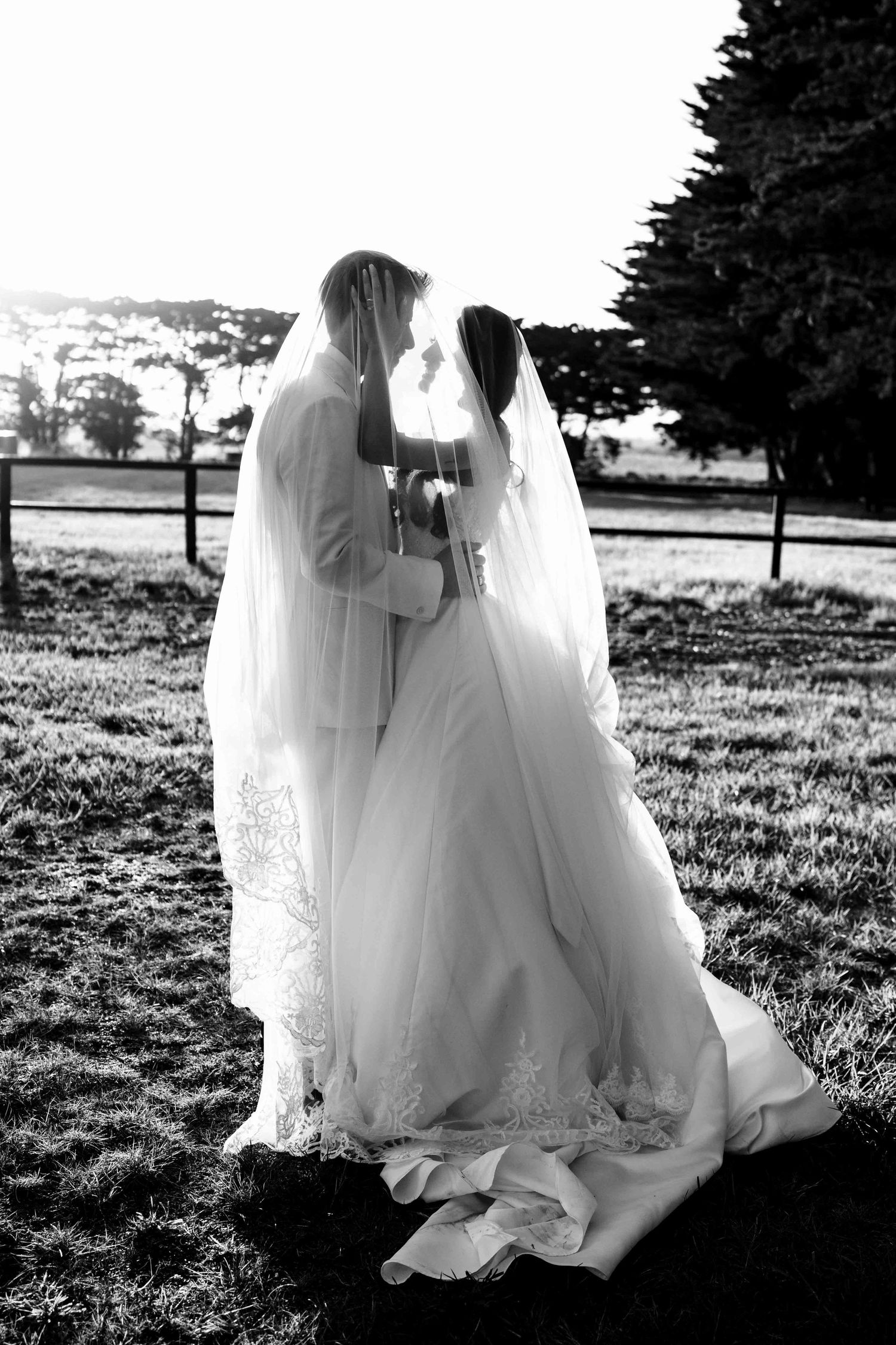 Black and white photo of bride and groom sharing an intimate moment under a flowing lace wedding veil outdoors.