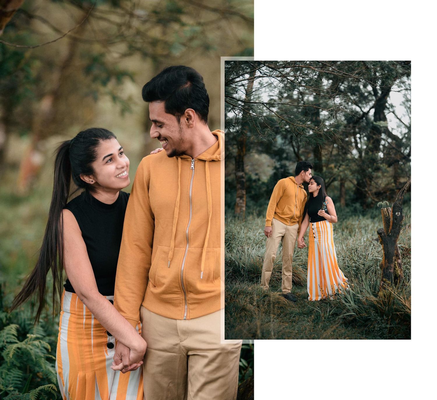 Couple in matching yellow and orange outfits posing together in a lush green outdoor forest setting.