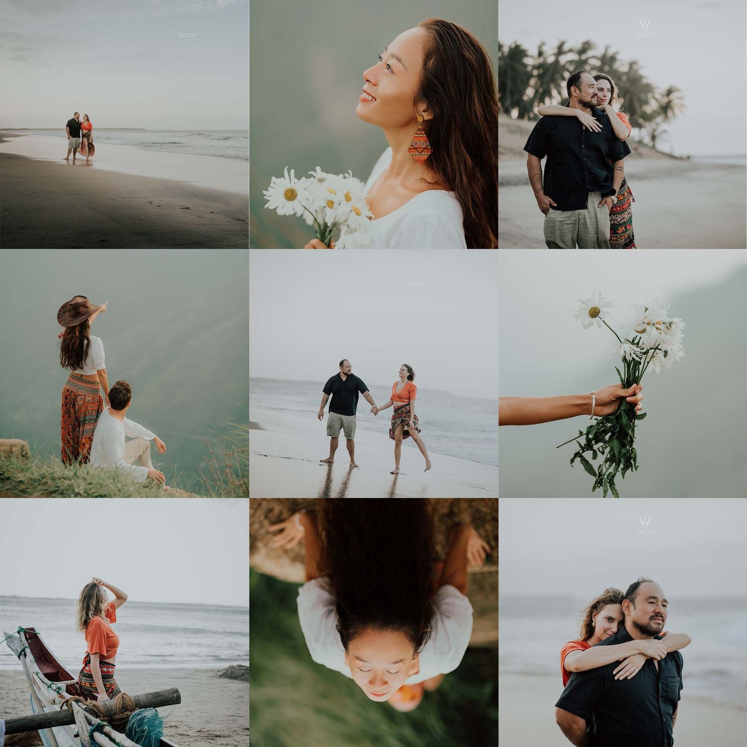 Collage of romantic beach couple photography session with flowers and coastal scenery.