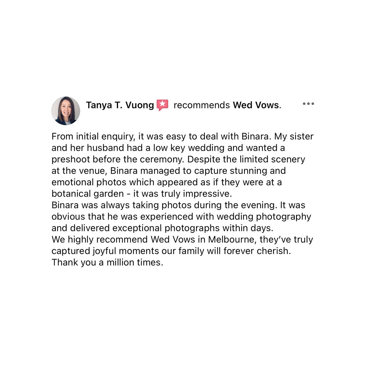 Facebook review from Tanya T. Vuong recommending Wed Vows Melbourne for low key wedding photography by Binara.