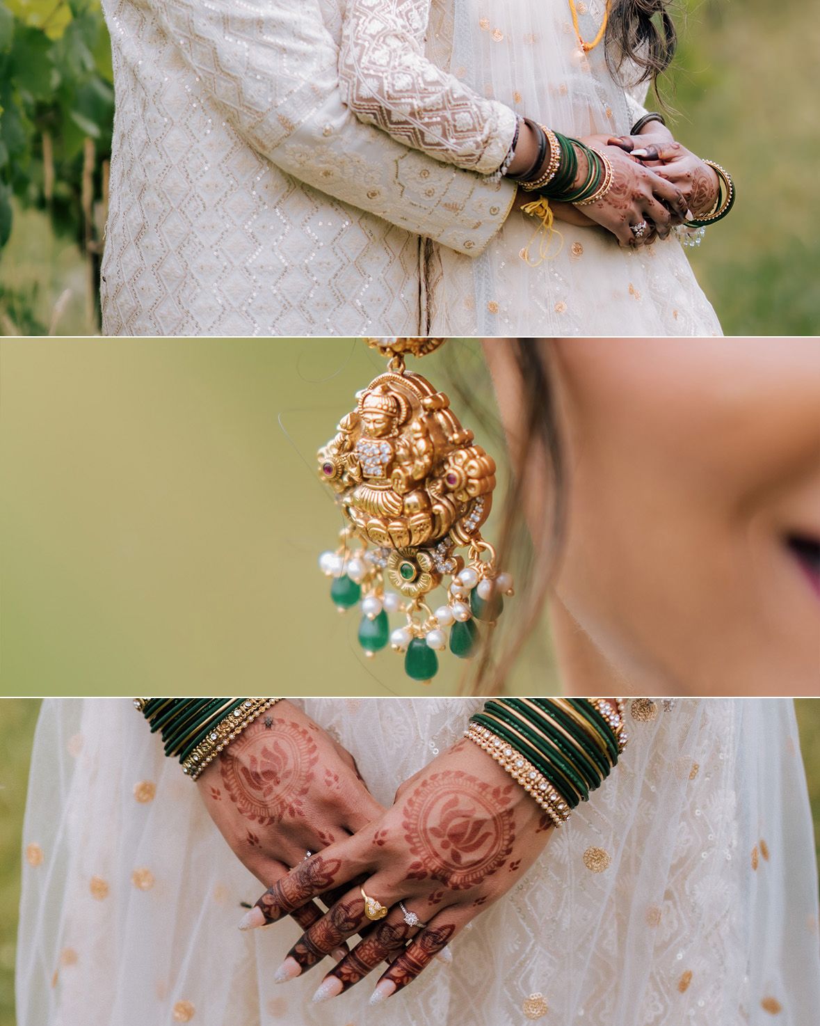 Close-up details of Indian bride showcasing mehndi hands, green bangles, and ornate gold jhumka earring.