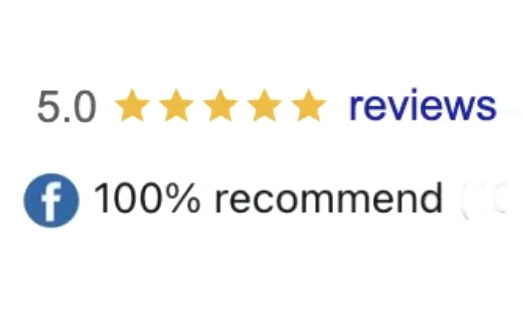 Five star rating graphic showing 5.0 stars reviews and 100% Facebook recommendation badge.