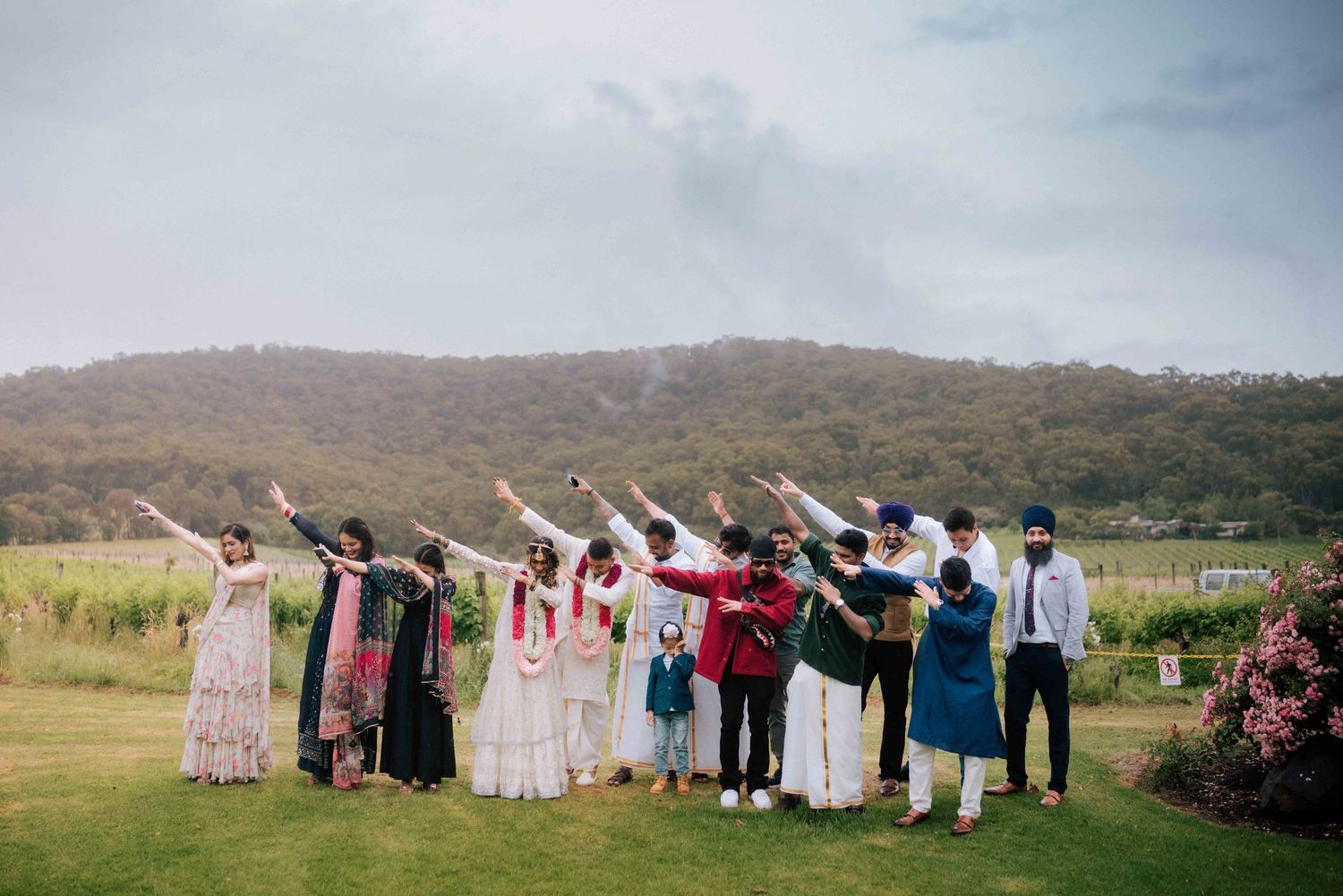 Wedding guests striking fun dabbing poses together on a green lawn with scenic misty mountains behind them.