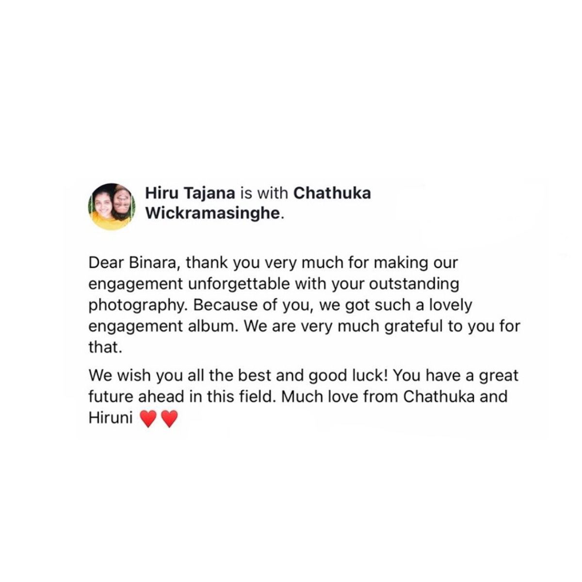 Engagement photography client testimonial review praising outstanding wedding photography services and album quality.