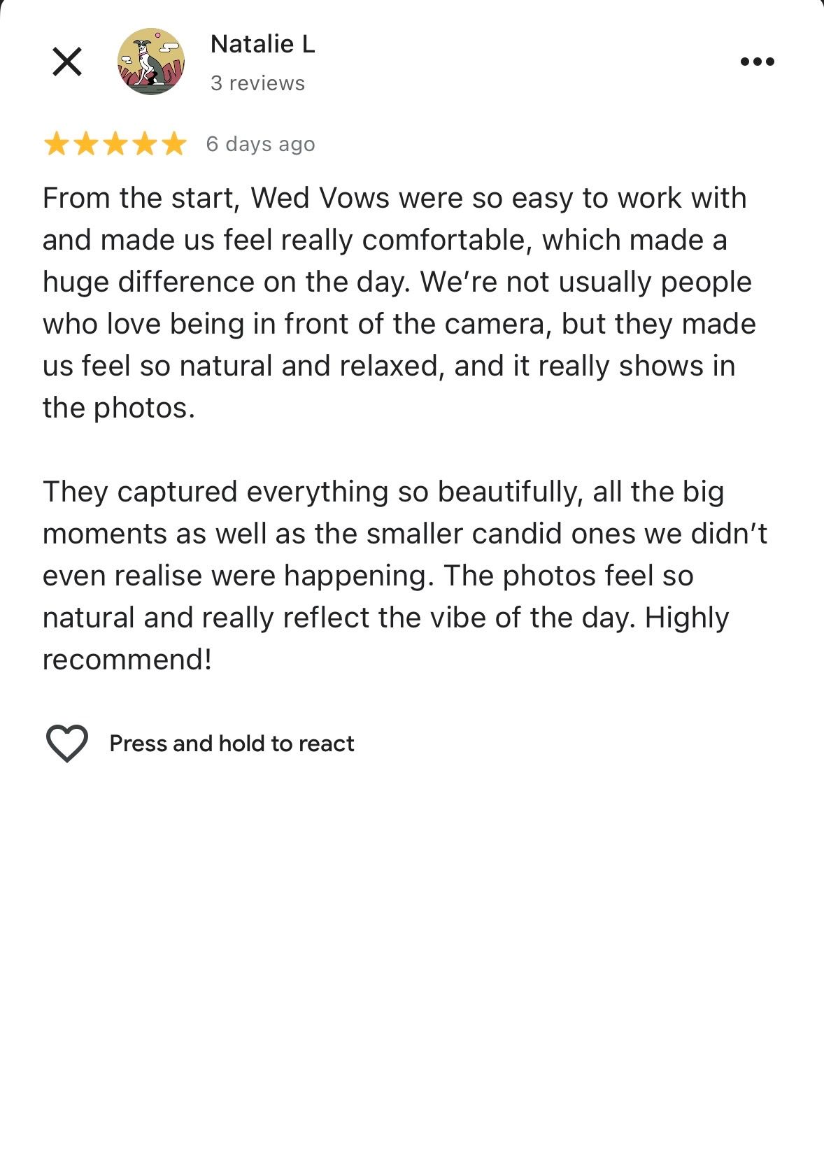 Five-star Google review from Natalie L praising Wed Vows wedding photographers for candid shots.