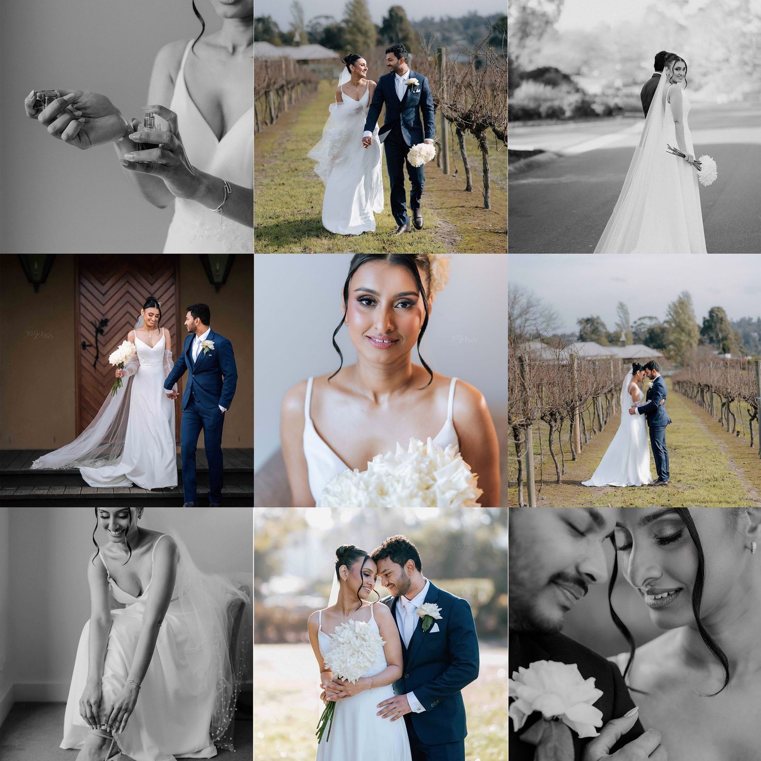 Rustic vineyard wedding photo collage featuring bride in white gown and groom in navy suit.