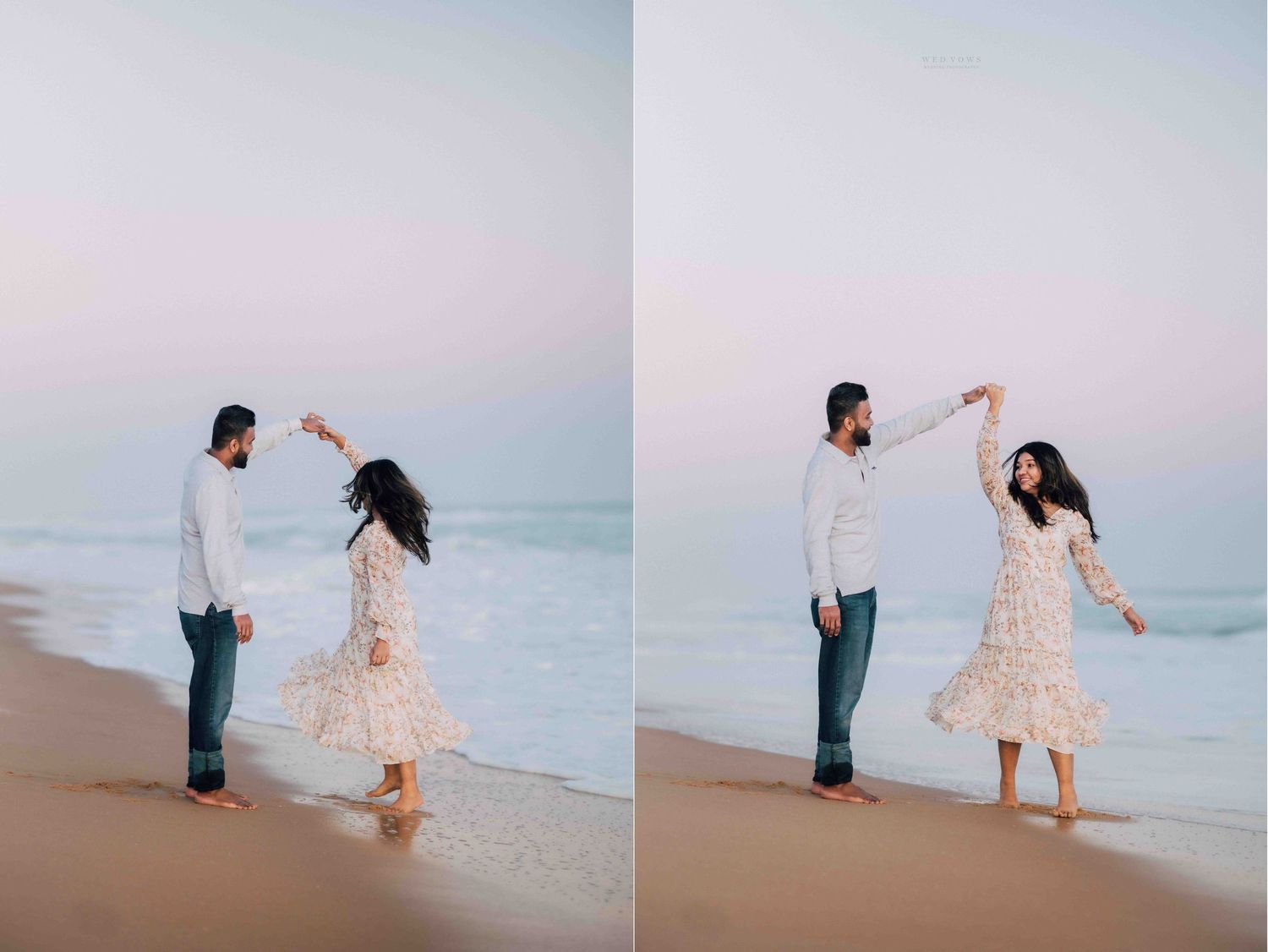 Couple dancing on beach at dusk, man spinning woman in floral dress with ocean waves behind them.