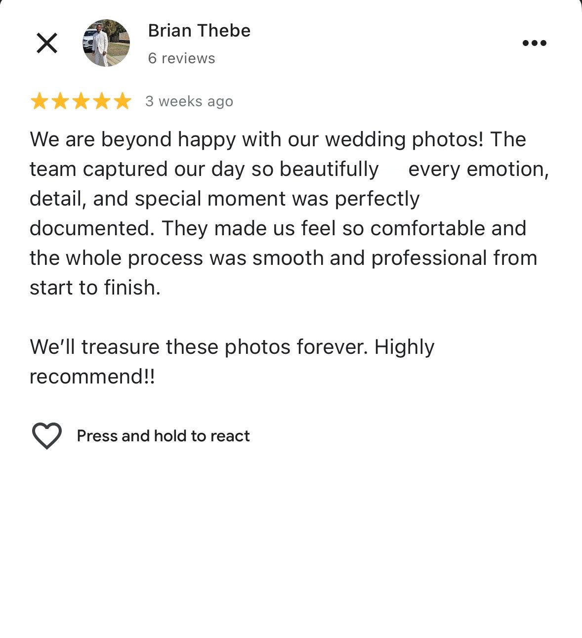 Five-star Google review from Brian Thebe praising wedding photography team for professionalism.