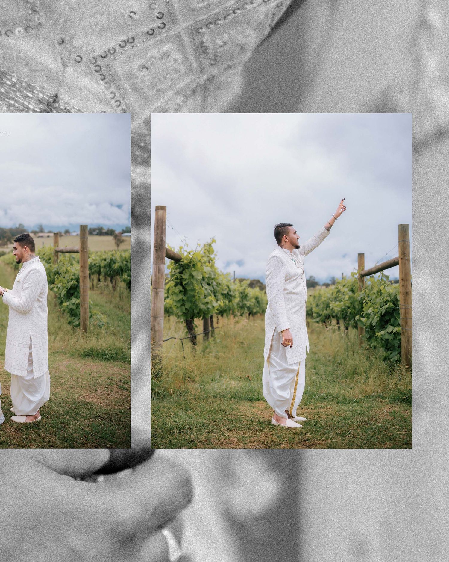 Groom in white sherwani and dhoti posing in vineyard, pointing skyward on cloudy day.