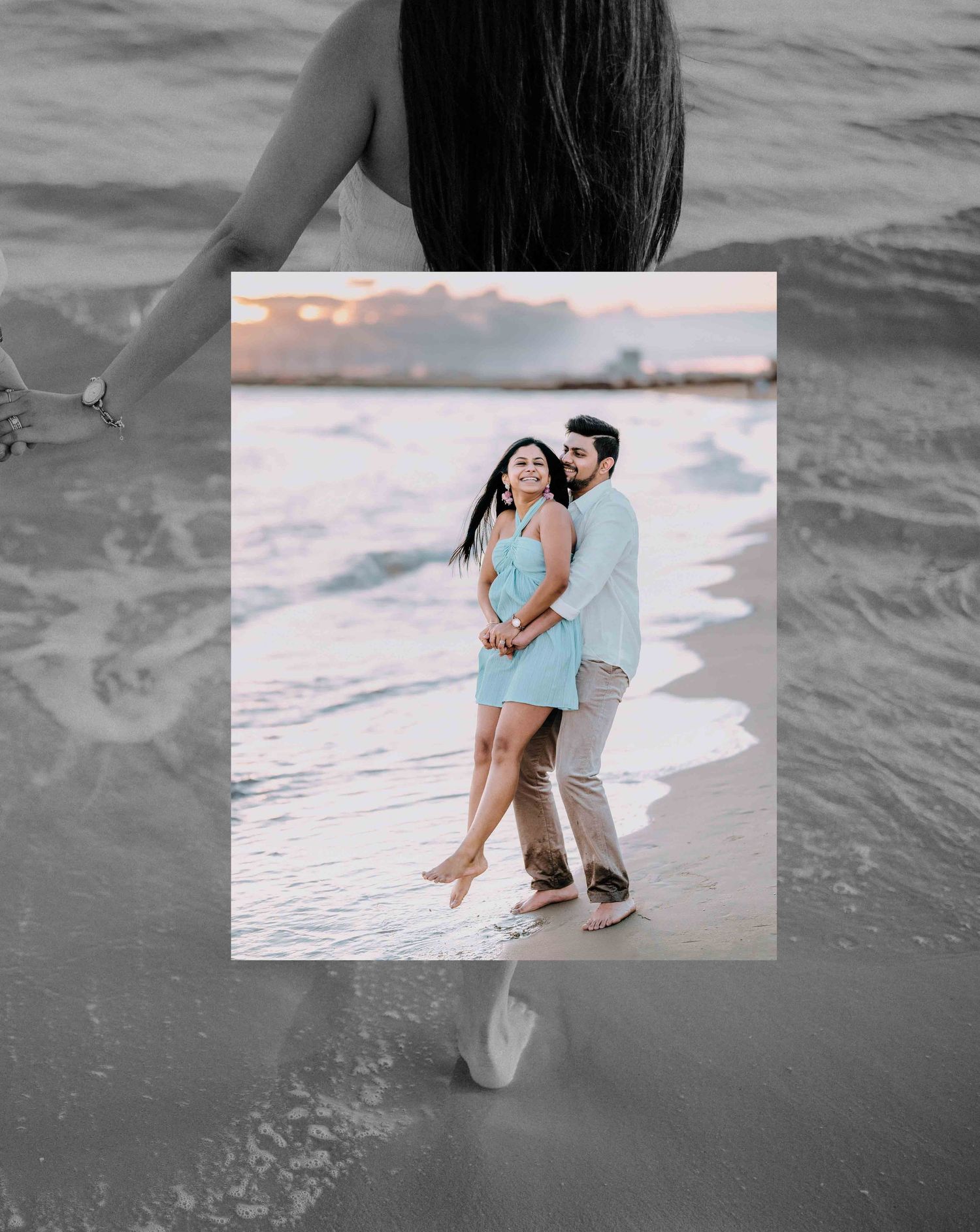 Creative double exposure of couple embracing on beach at sunset in light blue and white clothing.