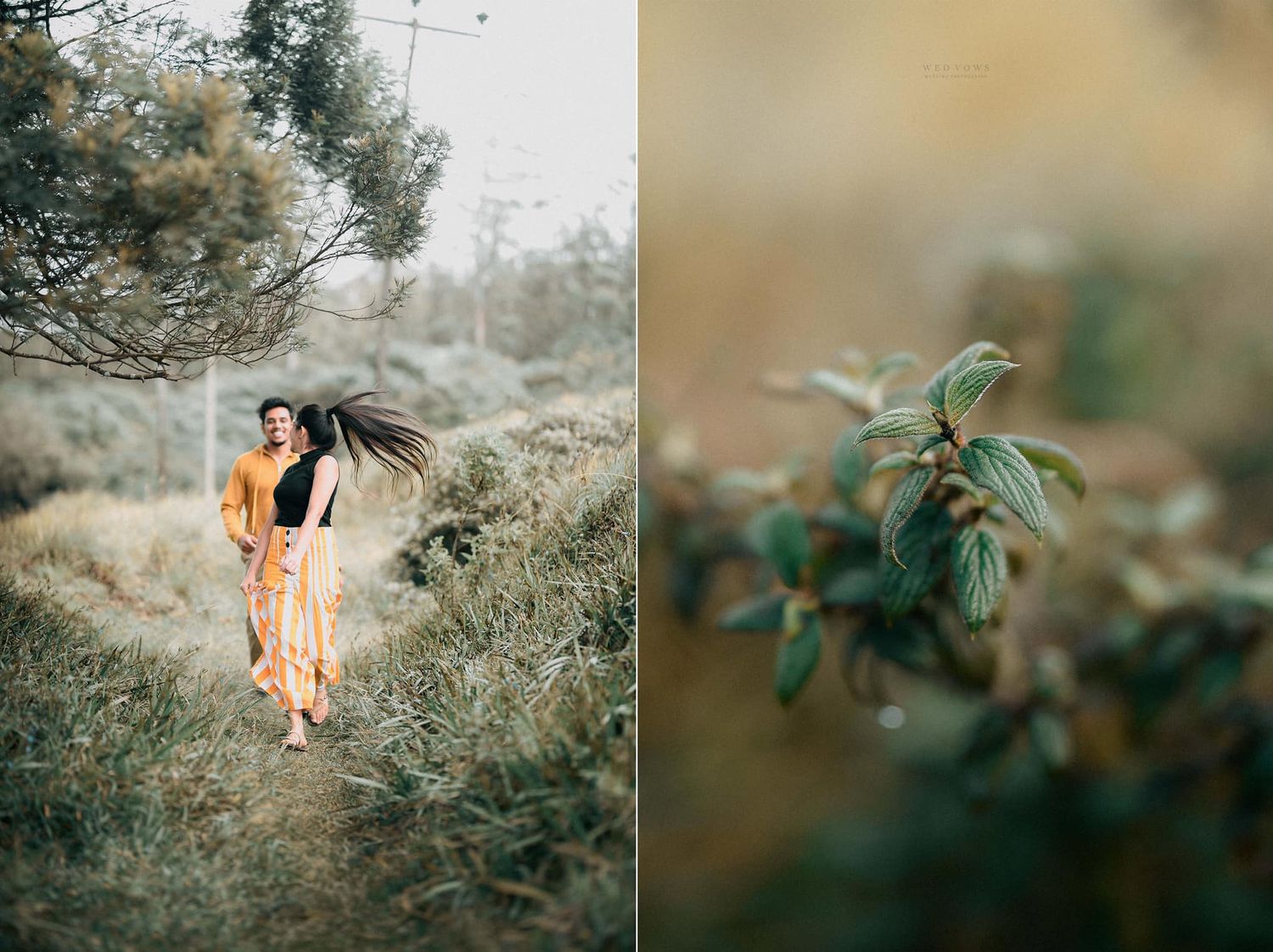 Couple strolling through wild shrubs with woman's hair blowing in the wind outdoors.