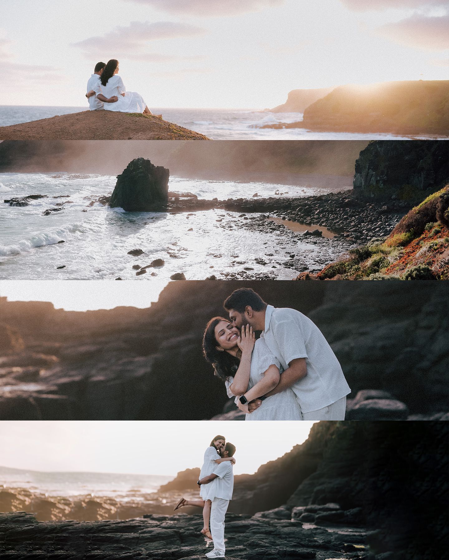 Romantic couple in white embracing on dramatic rocky coastal cliffs at golden sunset.