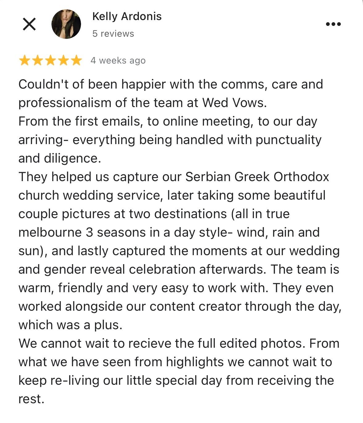 Five-star Google review from Kelly Ardonis praising Wed Vows photography team for Serbian Greek Orthodox wedding in Melbourne.