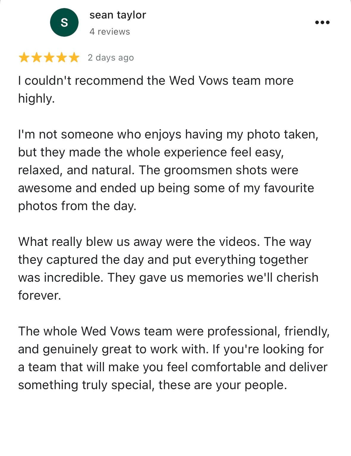 Five-star Google review from Sean Taylor praising Wed Vows team for natural relaxed wedding photography experience.
