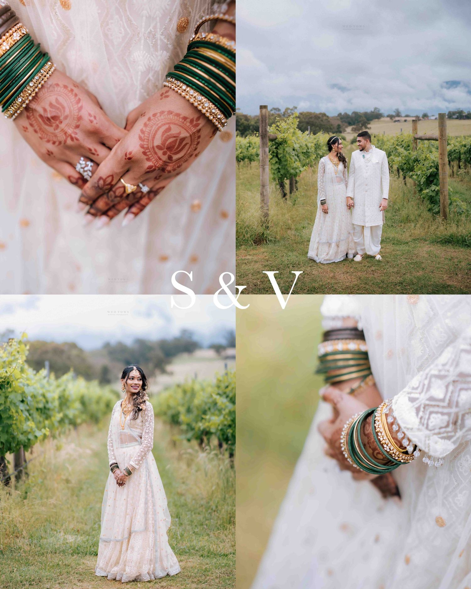 Indian bride in white embroidered lehenga with green bangles and mehndi poses at vineyard wedding venue.