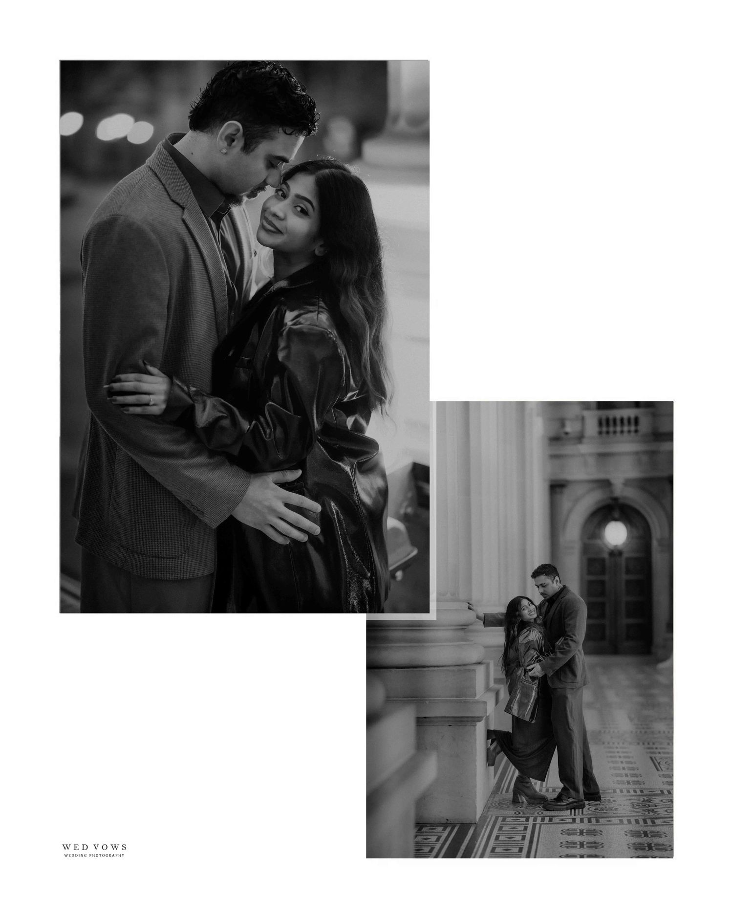 Black and white collage of a couple sharing intimate moments at a grand architectural landmark.
