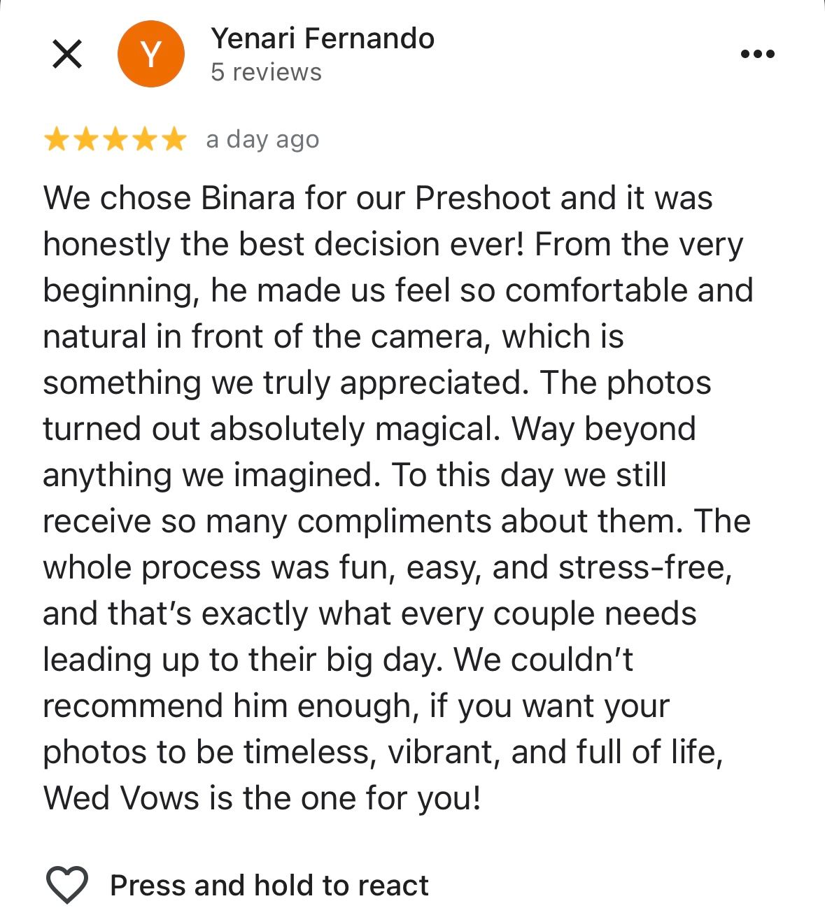 Five-star Google review recommending Wed Vows photographer Binara for timeless and vibrant wedding photos.