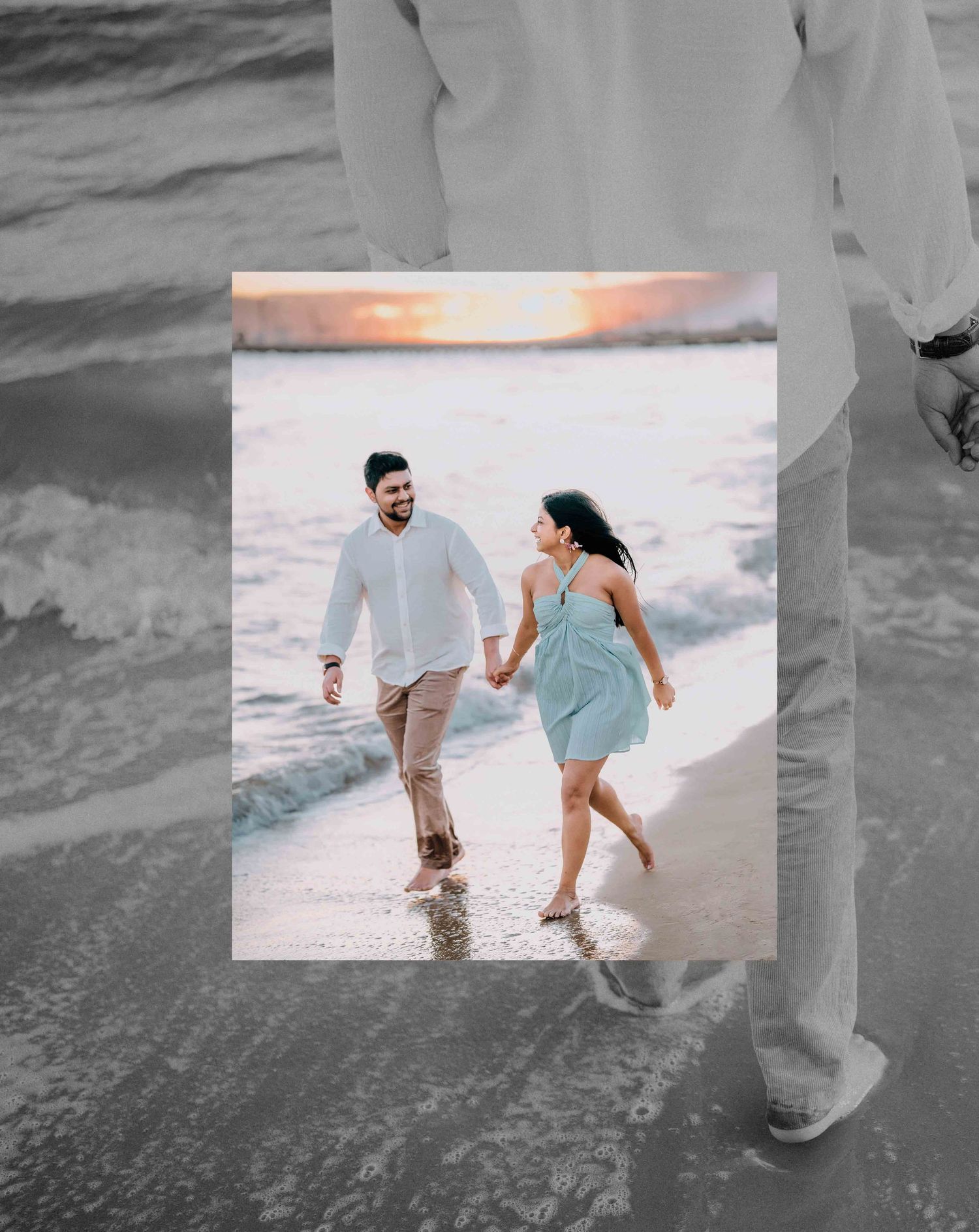 Creative composite of smiling couple holding hands running along beach shoreline at golden sunset.
