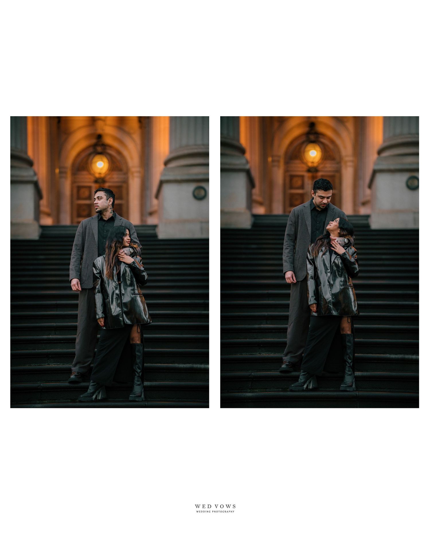 Couple walking down dramatic stone steps of an illuminated grand building at dusk.
