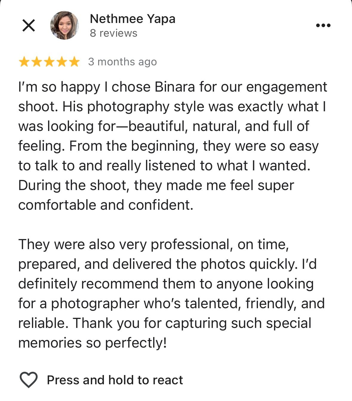 Five-star Google review praising Binara photographer for natural, professional engagement shoot photography.