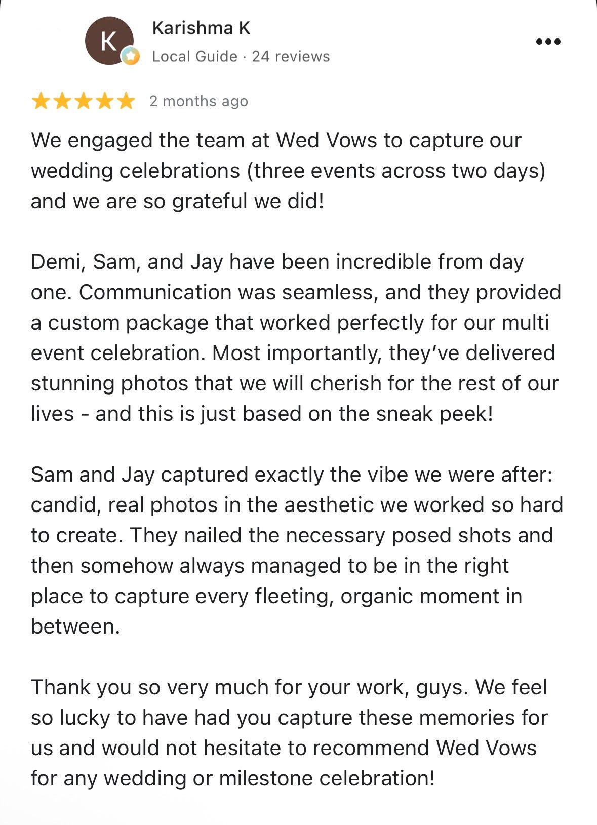 Five-star Google review from Karishma K praising Wed Vows wedding photography team for stunning photos.