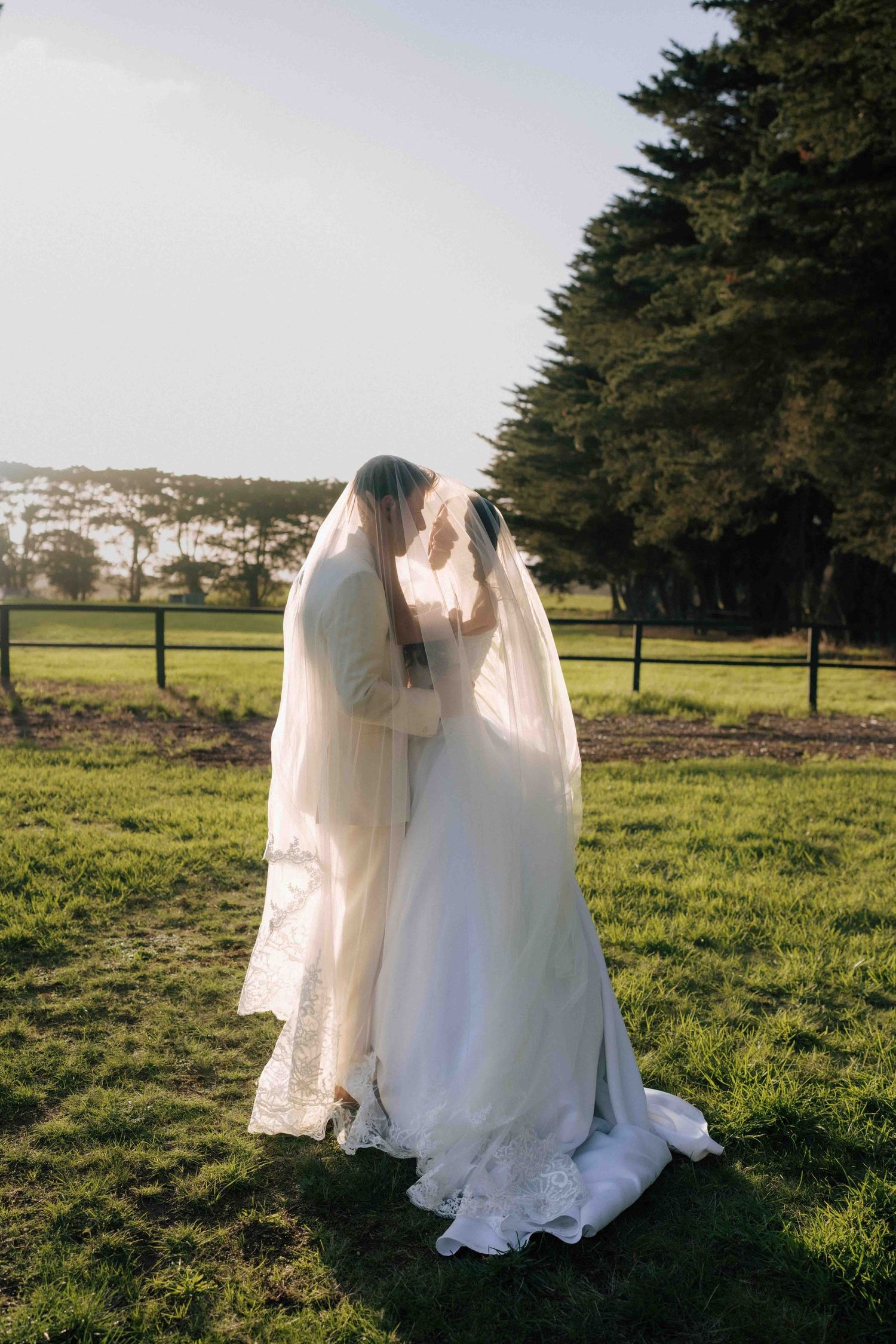 Bride and groom share a kiss under a flowing veil in a lush green field at golden hour.
