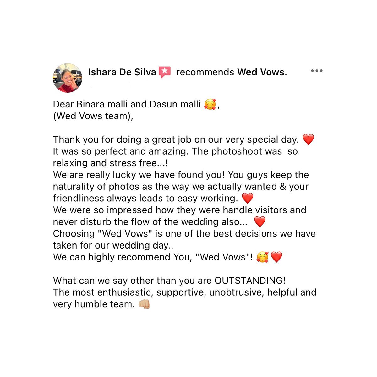 Facebook review from Ishara De Silva thanking Wed Vows photographers Binara and Dasun for outstanding wedding day coverage.