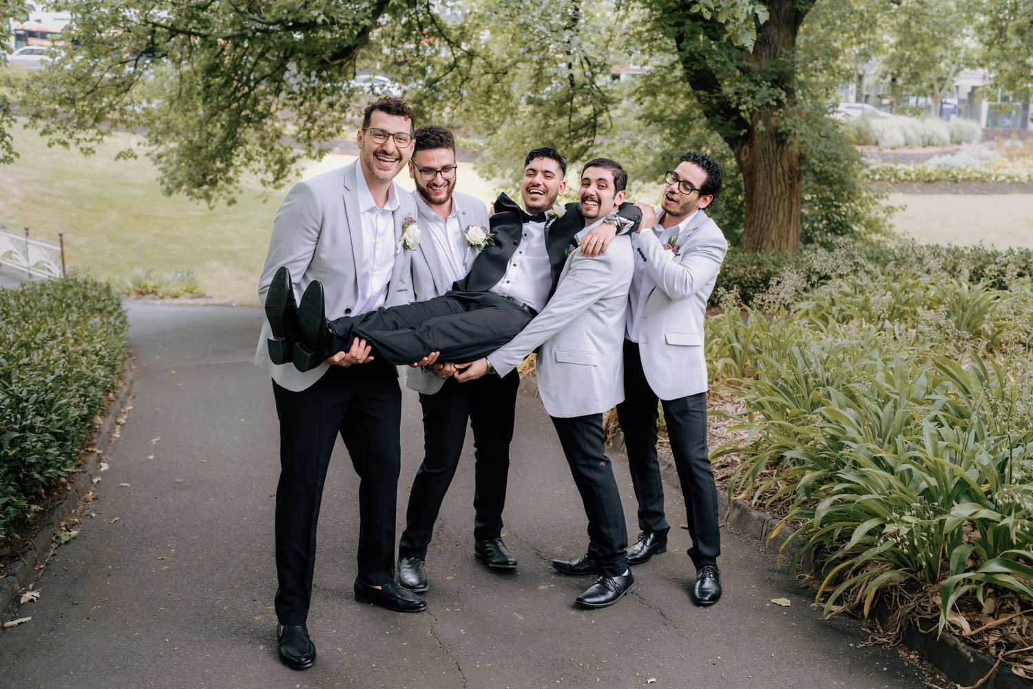 Groomsmen in black and white suits playfully lifting groom in park setting.