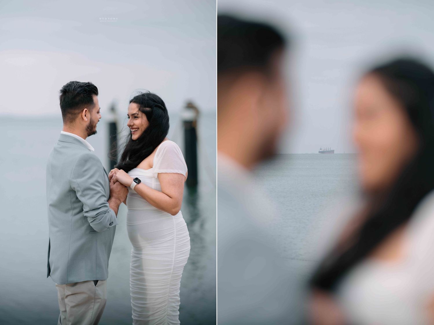 Smiling couple sharing a tender moment together on a waterfront pier setting.