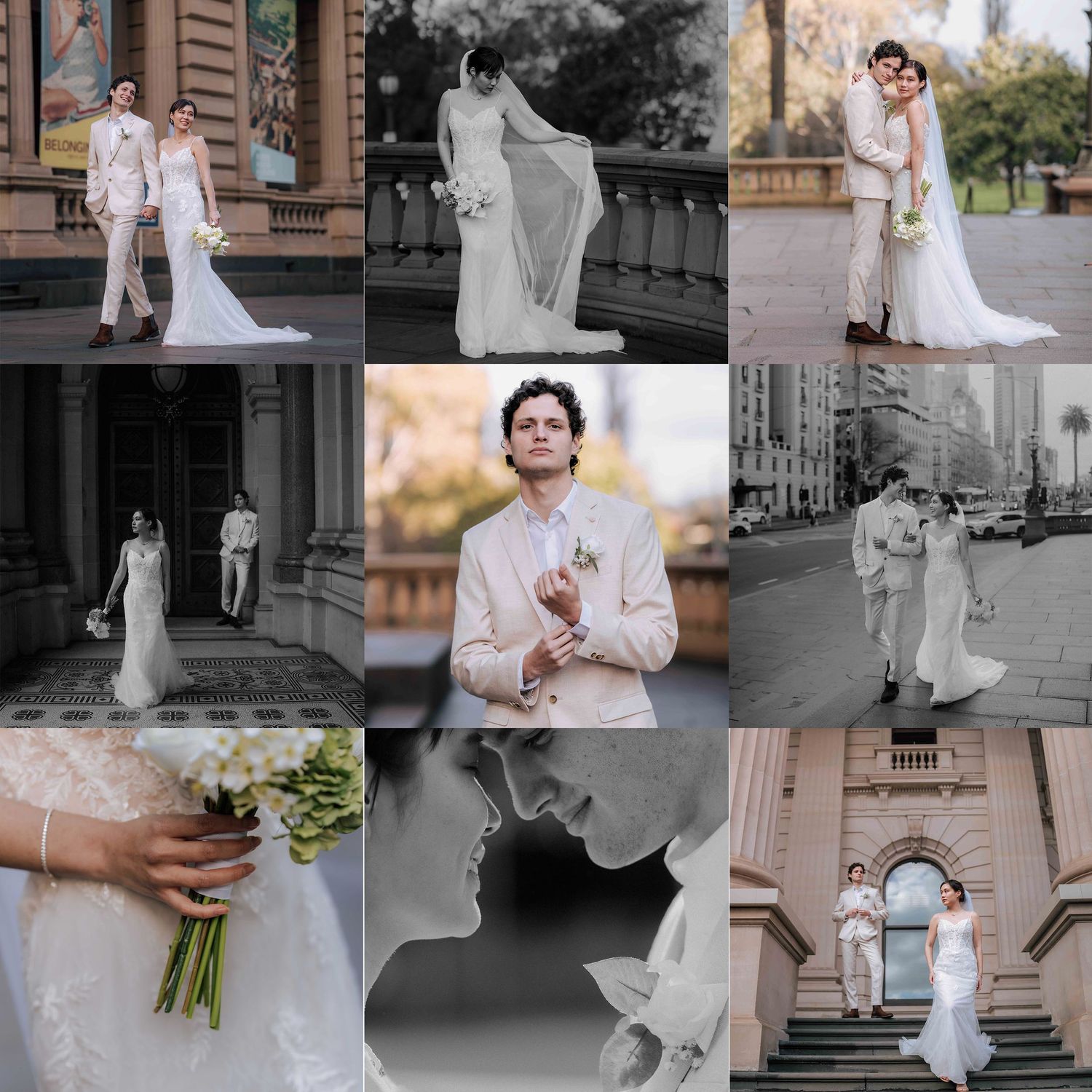 Sophisticated bride and groom portrait collage at grand historic building with timeless black and white images.