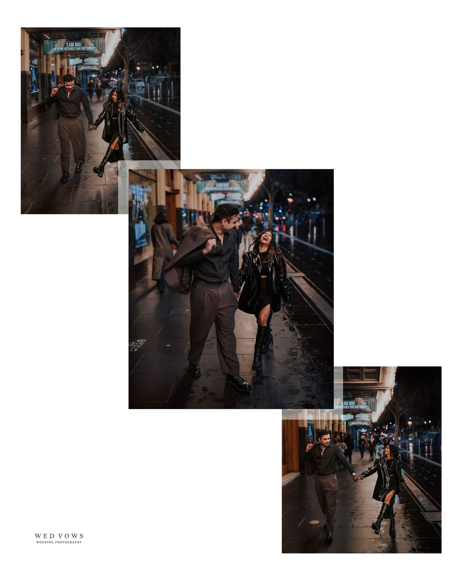 Collage of couple walking and dancing together on a wet train platform at night.